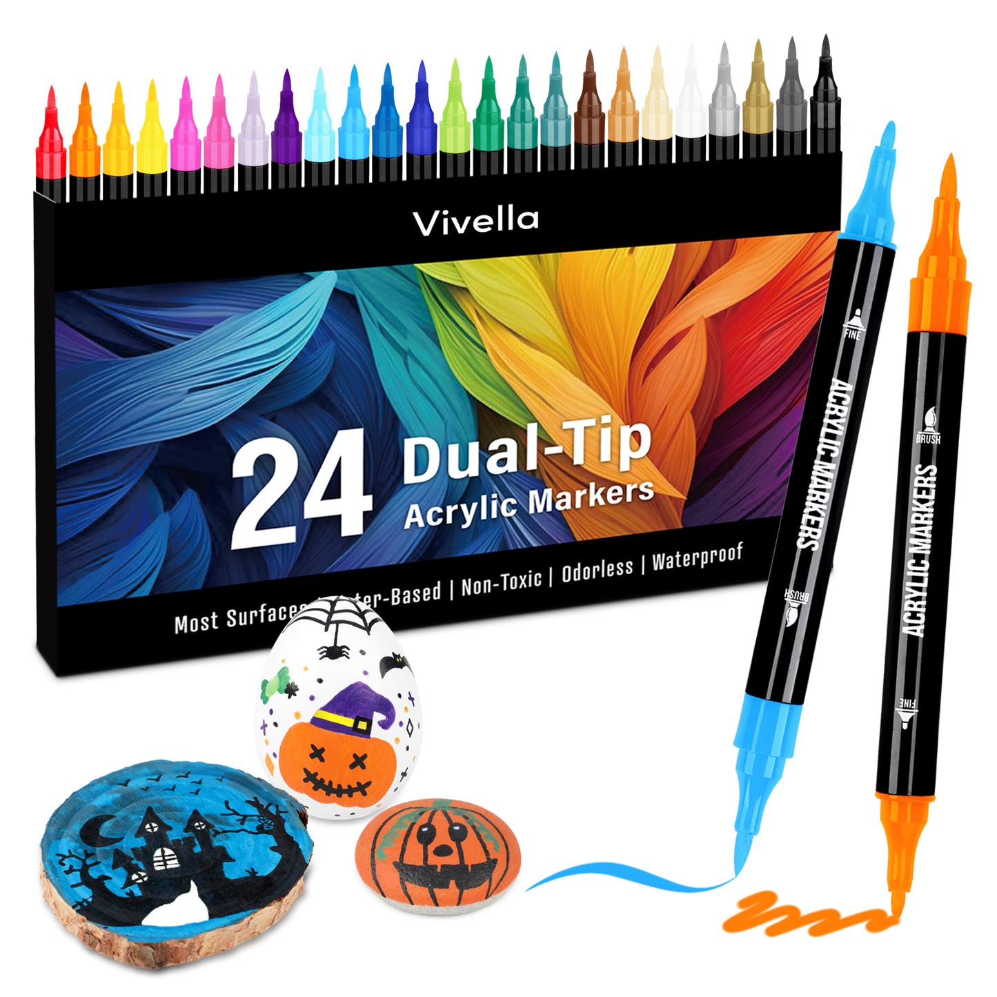 Pagather 24 Colors Acrylic Paint Markers, Dual Tip with Fine Tip and Brush Tip Pens for Stone, Wood, Calligraphy, Canvas, Ceramic, Metal, Glass, Rock Painting, DIY Crafts