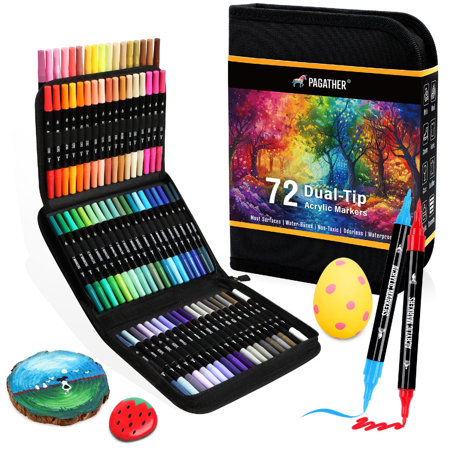 72 Colors Acrylic Paint Markers, Dual Tip with Fine Tip and Brush Tip Pens for Stone, Wood, Calligraphy, Canvas, Ceramic, Metal, Glass, Rock Painting