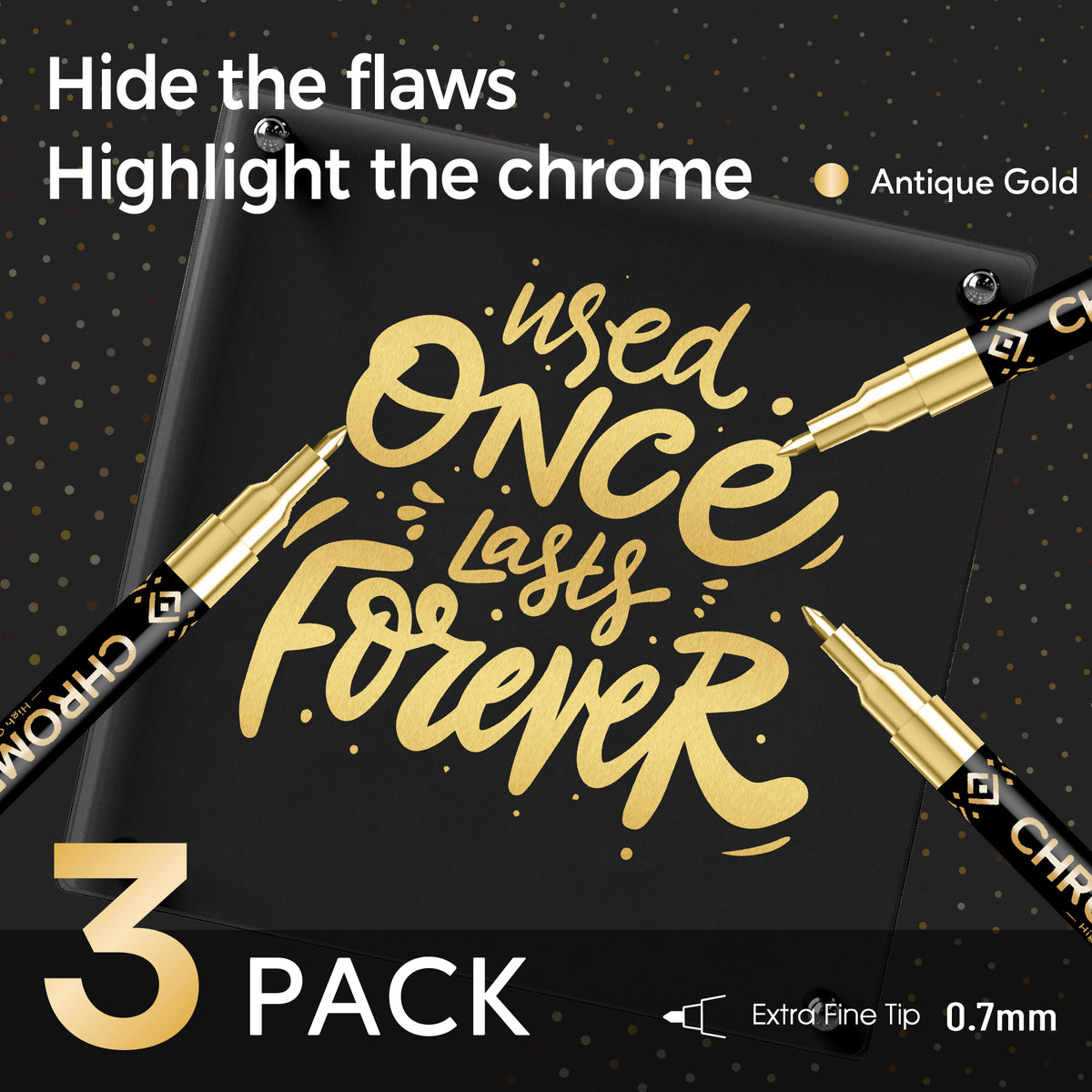 Pagather 3Pcs Chrome Paint Markers, Gold Permanent Mirror Liquid Chrome Pens for Plastic, Metal, Model, Jewelry, Wheel Painting, Touch Up & Repair Kit, DIY Art Projects