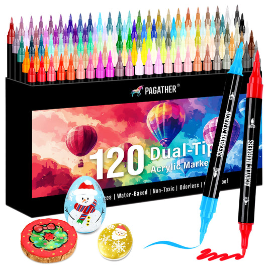 120 Colors Acrylic Paint Markers, Dual Tip Fine Tip and Brush Tip Pens Contain 24 Metallic Color for Stone, Wood, Calligraphy, Canvas, Ceramic, Metal, Glass, Rock Painting, DIY Crafts