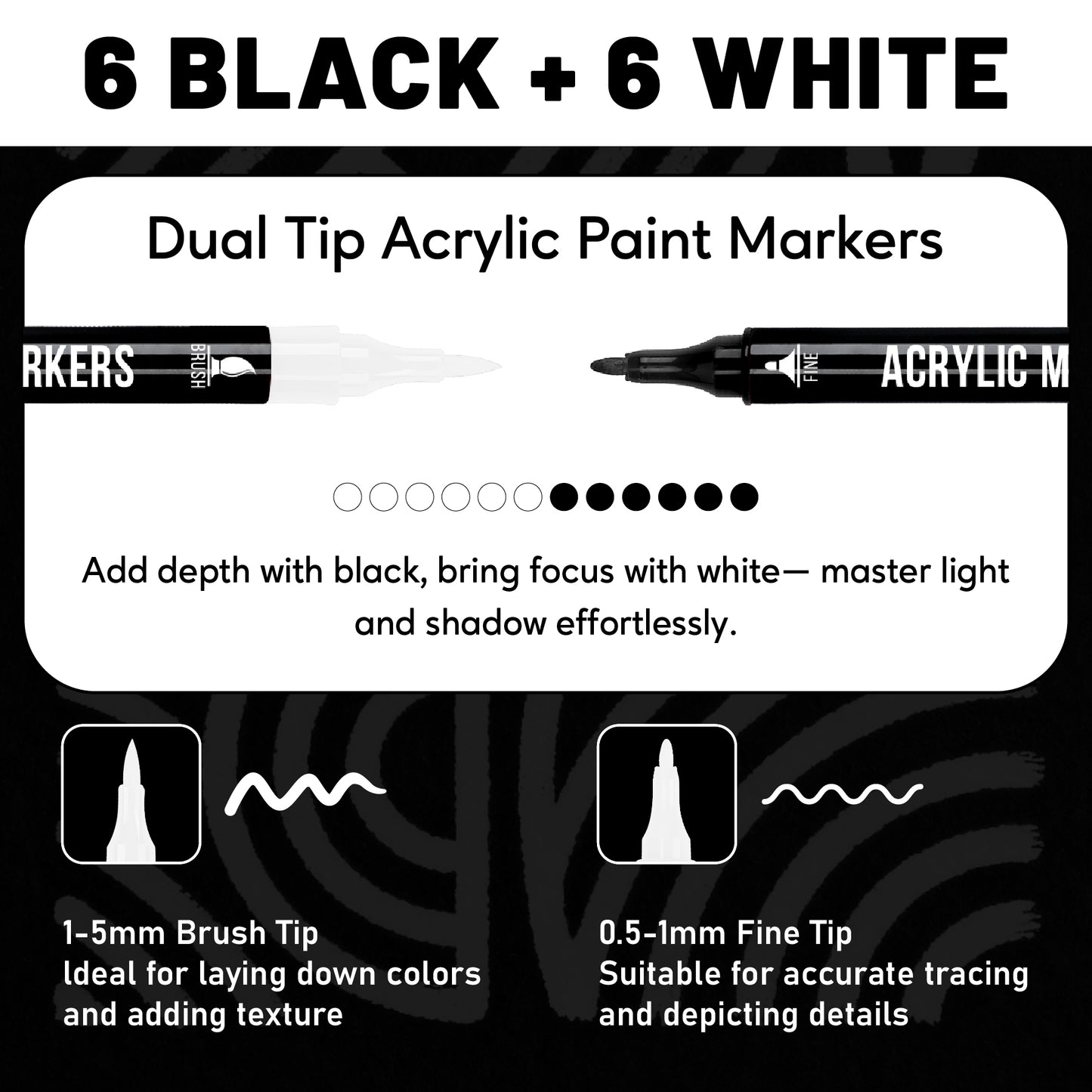 Black and White Acrylic Paint Markers, 12 Pack Dual Tip with Fine Tip and Brush Tip Pens for Stone, Wood, Calligraphy, Canvas, Ceramic, Metal, Glass, Rock Painting, DIY Crafts