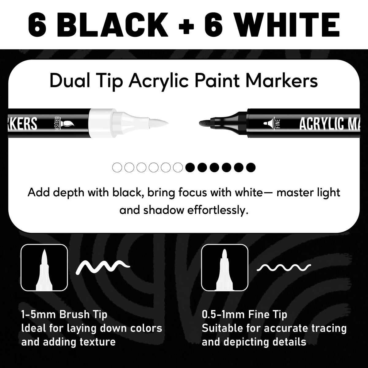 Black and White Acrylic Paint Markers, 12 Pack Dual Tip with Fine Tip and Brush Tip Pens for Stone, Wood, Calligraphy, Canvas, Ceramic, Metal, Glass, Rock Painting, DIY Crafts