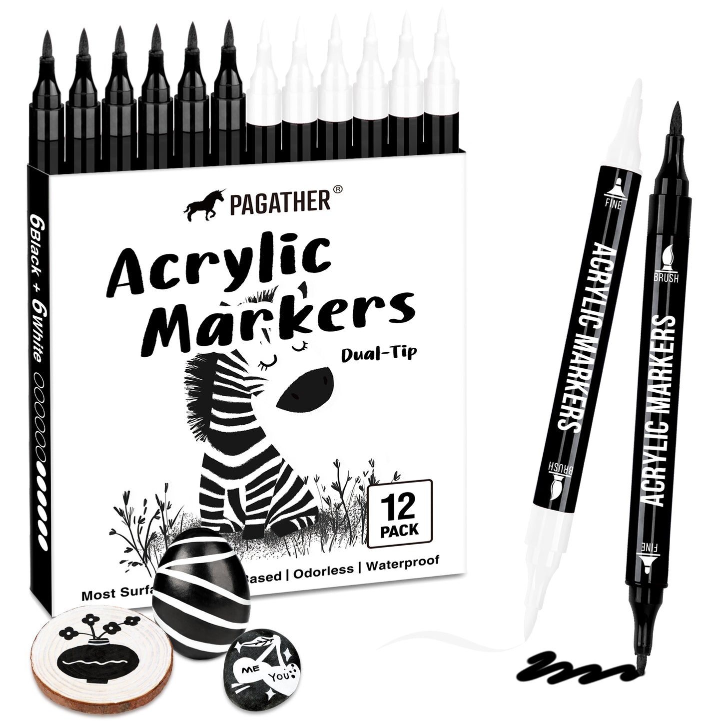 Black and White Acrylic Paint Markers, 12 Pack Dual Tip with Fine Tip and Brush Tip Pens for Stone, Wood, Calligraphy, Canvas, Ceramic, Metal, Glass, Rock Painting, DIY Crafts