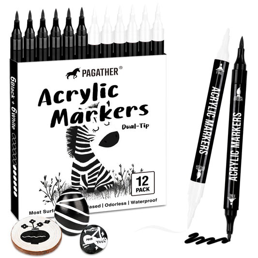 Black and White Acrylic Paint Markers, 12 Pack Dual Tip with Fine Tip and Brush Tip Pens for Stone, Wood, Calligraphy, Canvas, Ceramic, Metal, Glass, Rock Painting, DIY Crafts