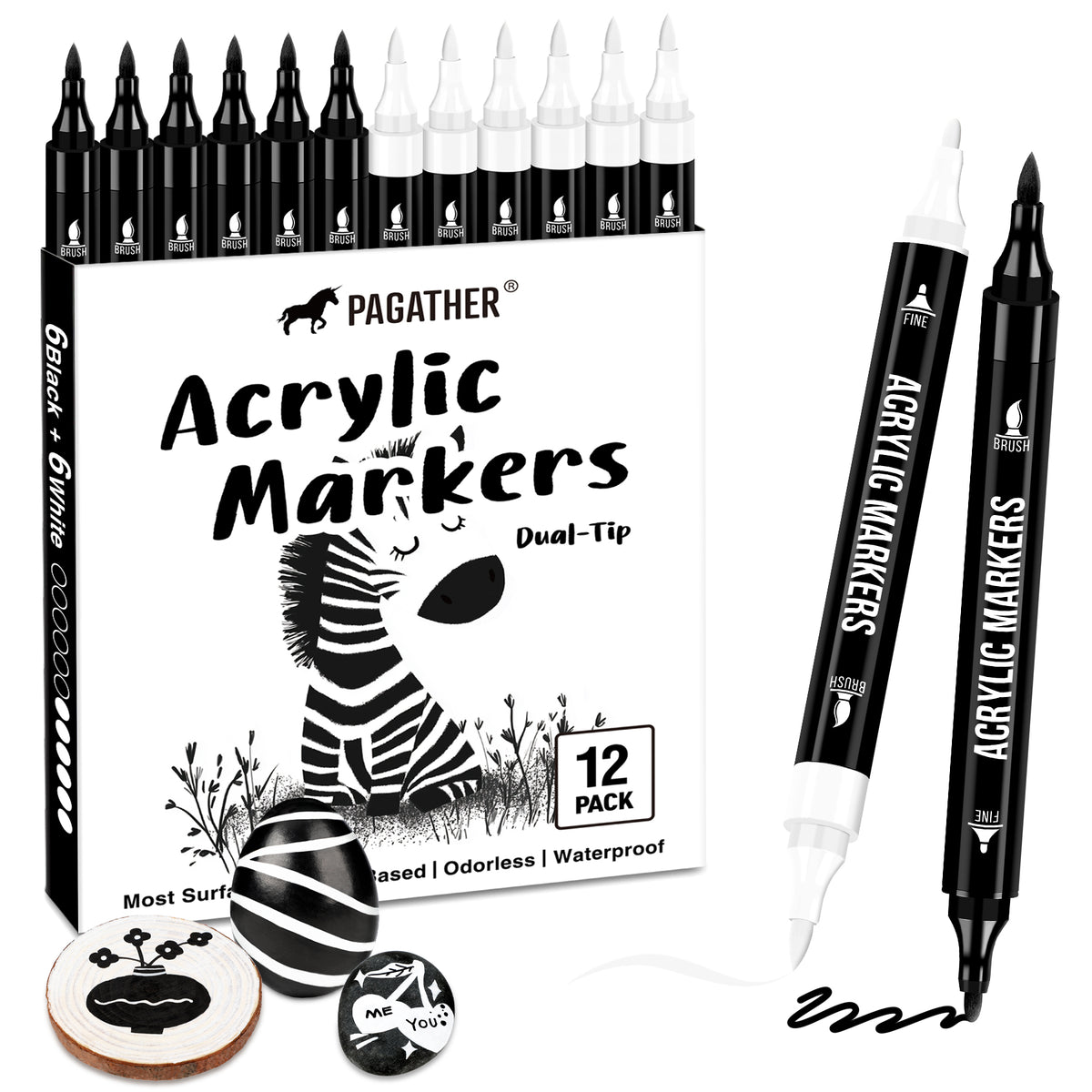 Black and White Acrylic Paint Markers, 12 Pack Dual Tip with Fine Tip and Brush Tip Pens for Stone, Wood, Calligraphy, Canvas, Ceramic, Metal, Glass, Rock Painting, DIY Crafts