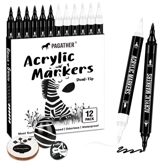 Black and White Acrylic Paint Markers, 12 Pack Dual Tip with Fine Tip and Brush Tip Pens for Stone, Wood, Calligraphy, Canvas, Ceramic, Metal, Glass, Rock Painting, DIY Crafts