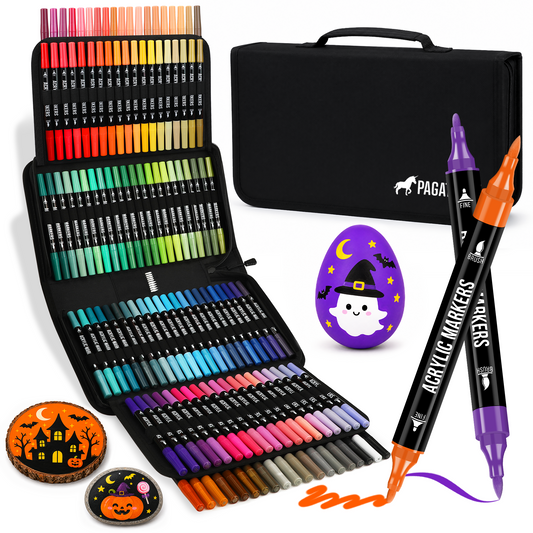 120 Colors Acrylic Paint Markers, Dual Tip Fine and Brush Tips Pens Contain 24 Metallic Color for Stone, Wood, Calligraphy, Canvas, Ceramic, Metal, Glass, Rock Painting, DIY Crafts Art Supplies Kit