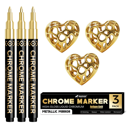 Pagather 3Pcs Chrome Paint Markers, Gold Permanent Mirror Liquid Chrome Pens for Plastic, Metal, Model, Jewelry, Wheel Painting, Touch Up & Repair Kit, DIY Art Projects
