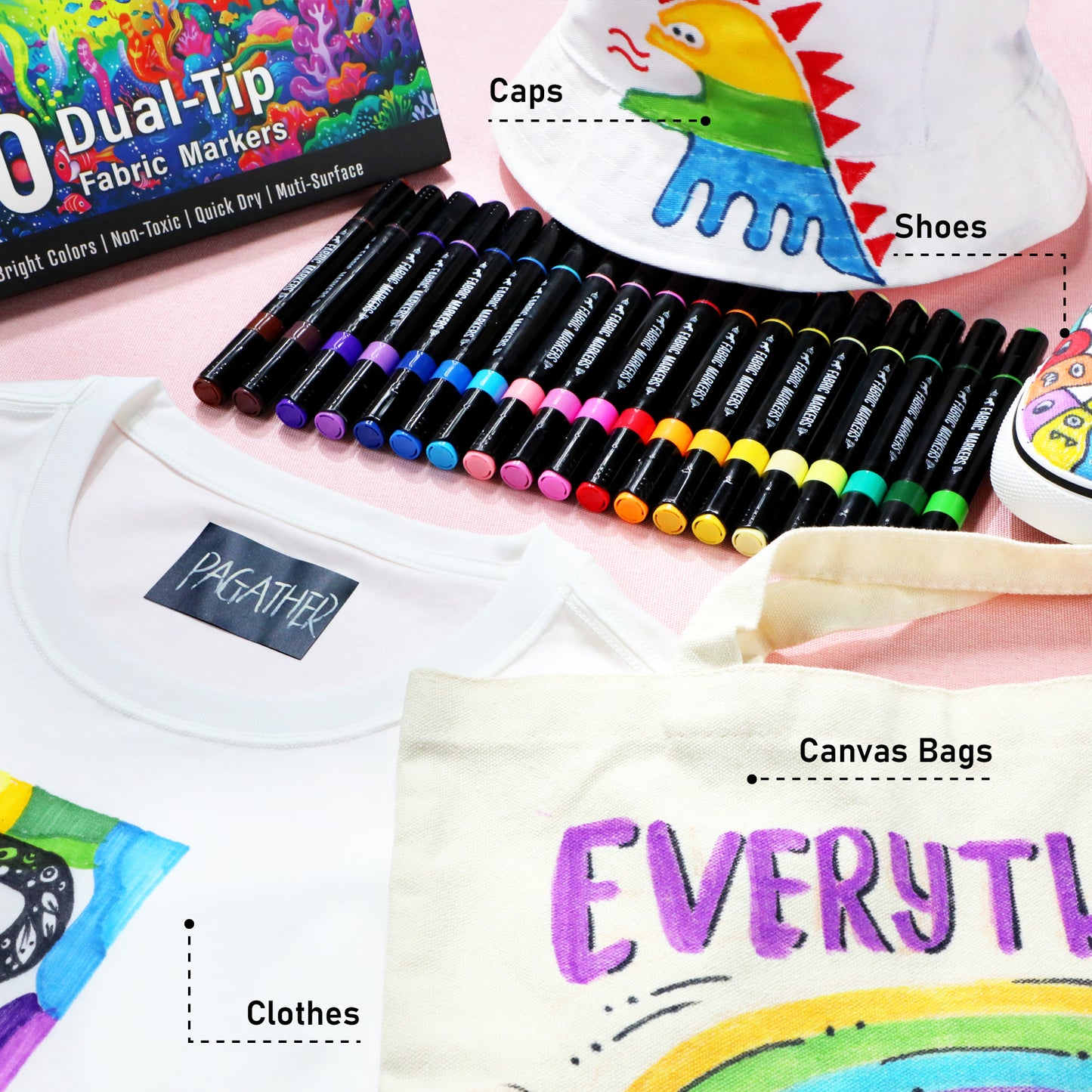 Fabric Markers Permanent for Clothes, 20 Colors Dual Tip with Fine and Chisel Tips Paint Pens for Clothing Canvas Tote Bags T-Shirt and Shoes, Non Toxic Ink for Kids and Adults