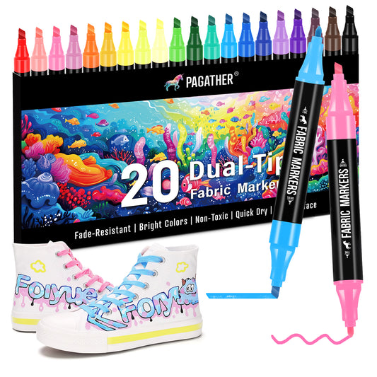 Fabric Markers Permanent for Clothes, 20 Colors Dual Tip with Fine and Chisel Tips Paint Pens for Clothing Canvas Tote Bags T-Shirt and Shoes, Non Toxic Ink for Kids and Adults