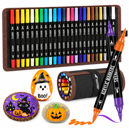 24 Colors Acrylic Paint Markers, Dual Tip with Fine Tip and Brush Tip Pens for Stone, Wood, Calligraphy, Canvas, Ceramic, Metal, Glass, Rock Painting, DIY Crafts Art Supplies Kit