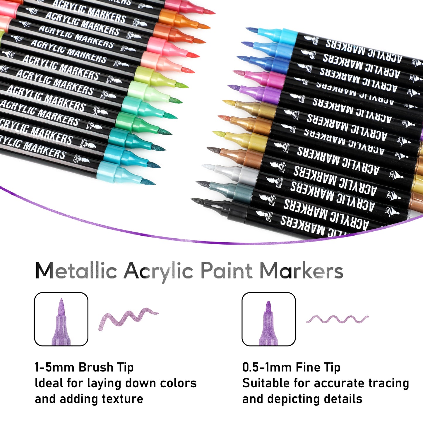 24 Metallic Colors Acrylic Paint Markers, Dual Tip with Fine Tip and Brush Tip Pens for Stone, Wood, Calligraphy, Canvas, Ceramic, Metal, Glass, Rock Painting, DIY Crafts
