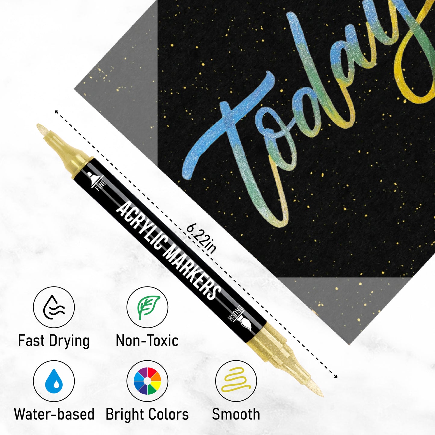 24 Metallic Colors Acrylic Paint Markers, Dual Tip with Fine Tip and Brush Tip Pens for Stone, Wood, Calligraphy, Canvas, Ceramic, Metal, Glass, Rock Painting, DIY Crafts
