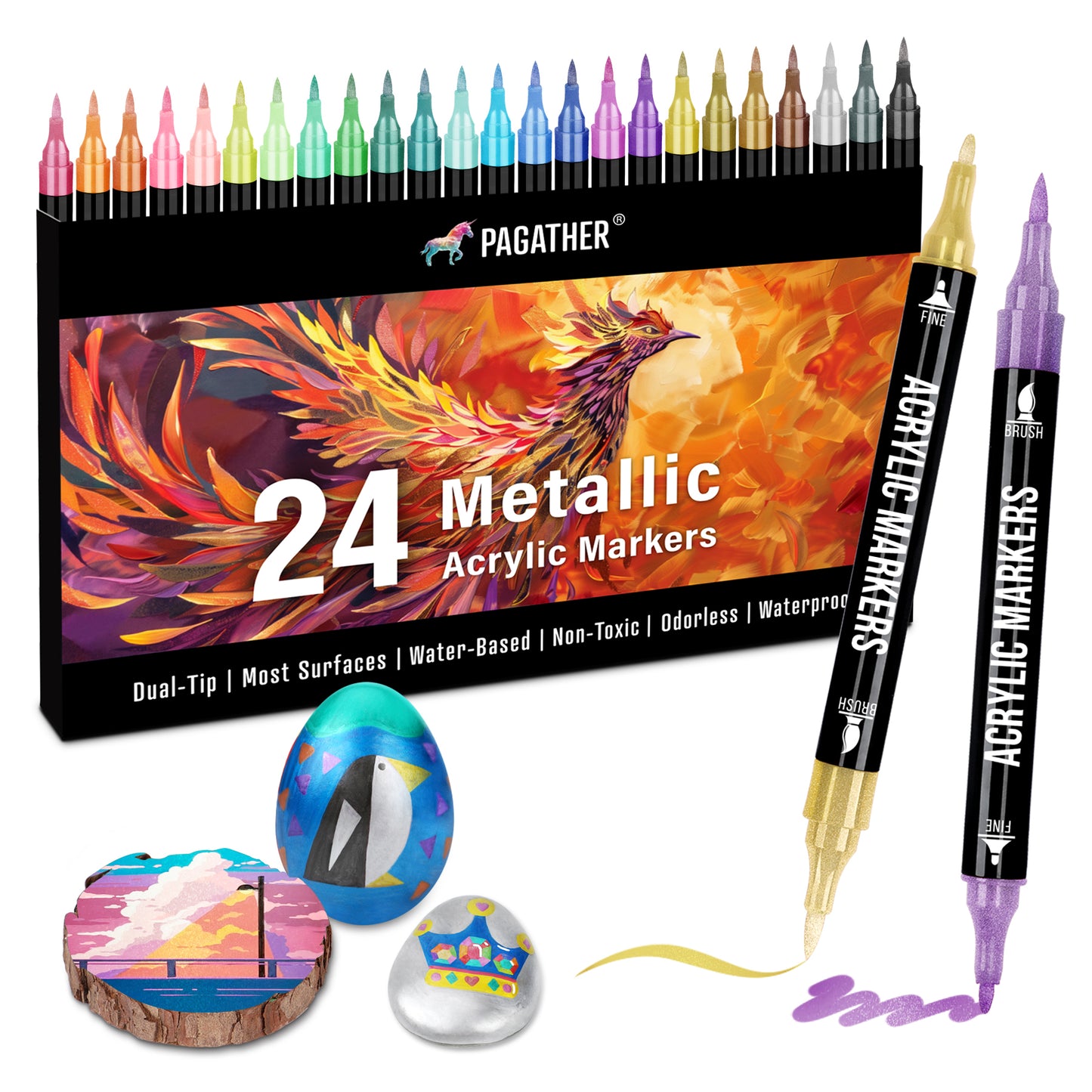24 Metallic Colors Acrylic Paint Markers, Dual Tip with Fine Tip and Brush Tip Pens for Stone, Wood, Calligraphy, Canvas, Ceramic, Metal, Glass, Rock Painting, DIY Crafts