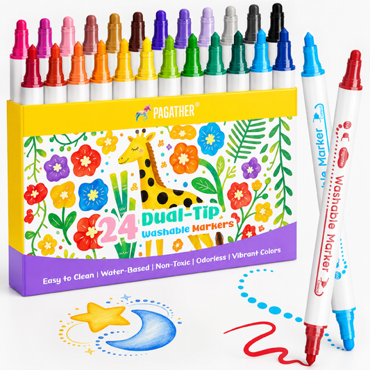 Washable Markers, 24 Colors Dual Tip Dot & Conical Pens for Kids Art Marker Set for Toddlers Kids Ages 4-8, Perfect for School Art Supplies, Drawing, Coloring, Crafts and Creative Projects