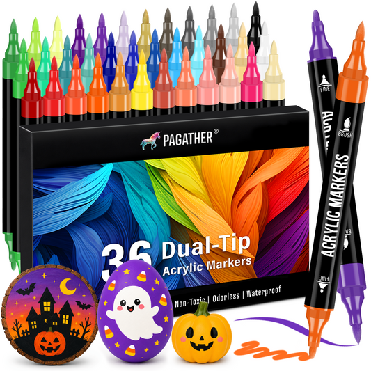 36 Colors Acrylic Paint Markers, Dual Tip with Fine Tip and Brush Tip Pens for Stone, Wood, Calligraphy, Canvas, Ceramic, Metal, Glass, Rock Painting, DIY Crafts