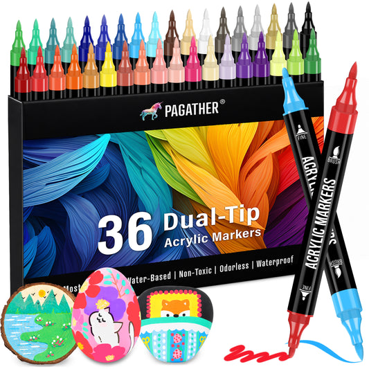 36 Colors Acrylic Paint Markers, Dual Tip with Fine Tip and Brush Tip Pens for Stone, Wood, Calligraphy, Canvas, Ceramic, Metal, Glass, Rock Painting, DIY Crafts