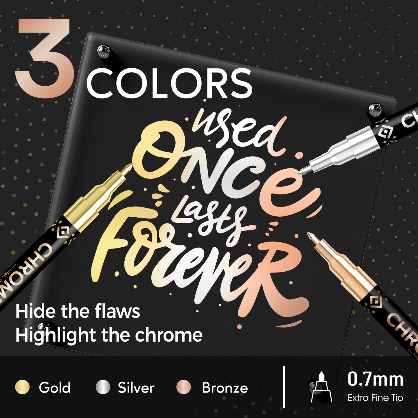 Pagather 3Pcs Chrome Paint Markers, Permanent Mirror Liquid Chrome Pens for Plastic, Metal, Model, Jewelry, Wheel Painting, Touch Up & Repair Kit, DIY Art Projects