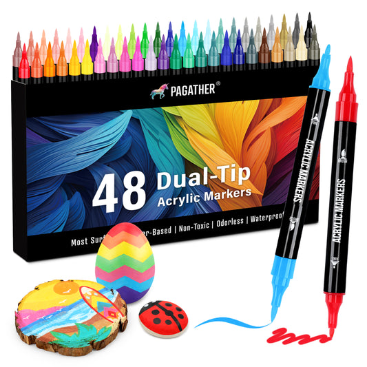 48 Colors Acrylic Paint Markers, Dual Tip with Fine Tip and Brush Tip Pens for Stone, Wood, Calligraphy, Canvas, Ceramic, Metal, Glass, Rock Painting, DIY Crafts