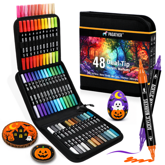 48 Colors Acrylic Paint Markers, Dual Tip with Fine Tip and Brush Tip Pens for Stone, Wood, Calligraphy, Canvas, Ceramic, Metal, Glass, Rock Painting, DIY Crafts Art Supplies Kit
