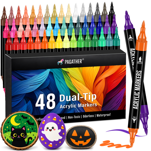 48 Colors Acrylic Paint Markers, Dual Tip with Fine Tip and Brush Tip Pens for Stone, Wood, Calligraphy, Canvas, Ceramic, Metal, Glass, Rock Painting, DIY Crafts