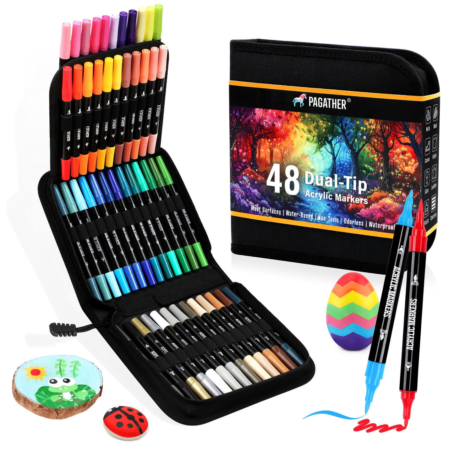 48 Colors Acrylic Paint Markers, Dual Tip with Fine Tip and Brush Tip Pens for Stone, Wood, Calligraphy, Canvas, Ceramic, Metal, Glass, Rock Painting, DIY Crafts Art Supplies Kit