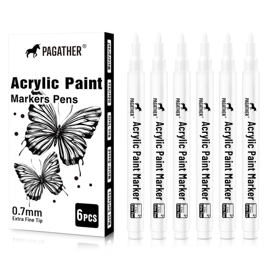 Acrylic White Paint Pens - 6 Pack 0.7mm Extra Fine White Paint Marker for Rock Painting, Wood, Metal, Fabric, Plastic, Canvas, Glass, Ceramic, Diy Crafts