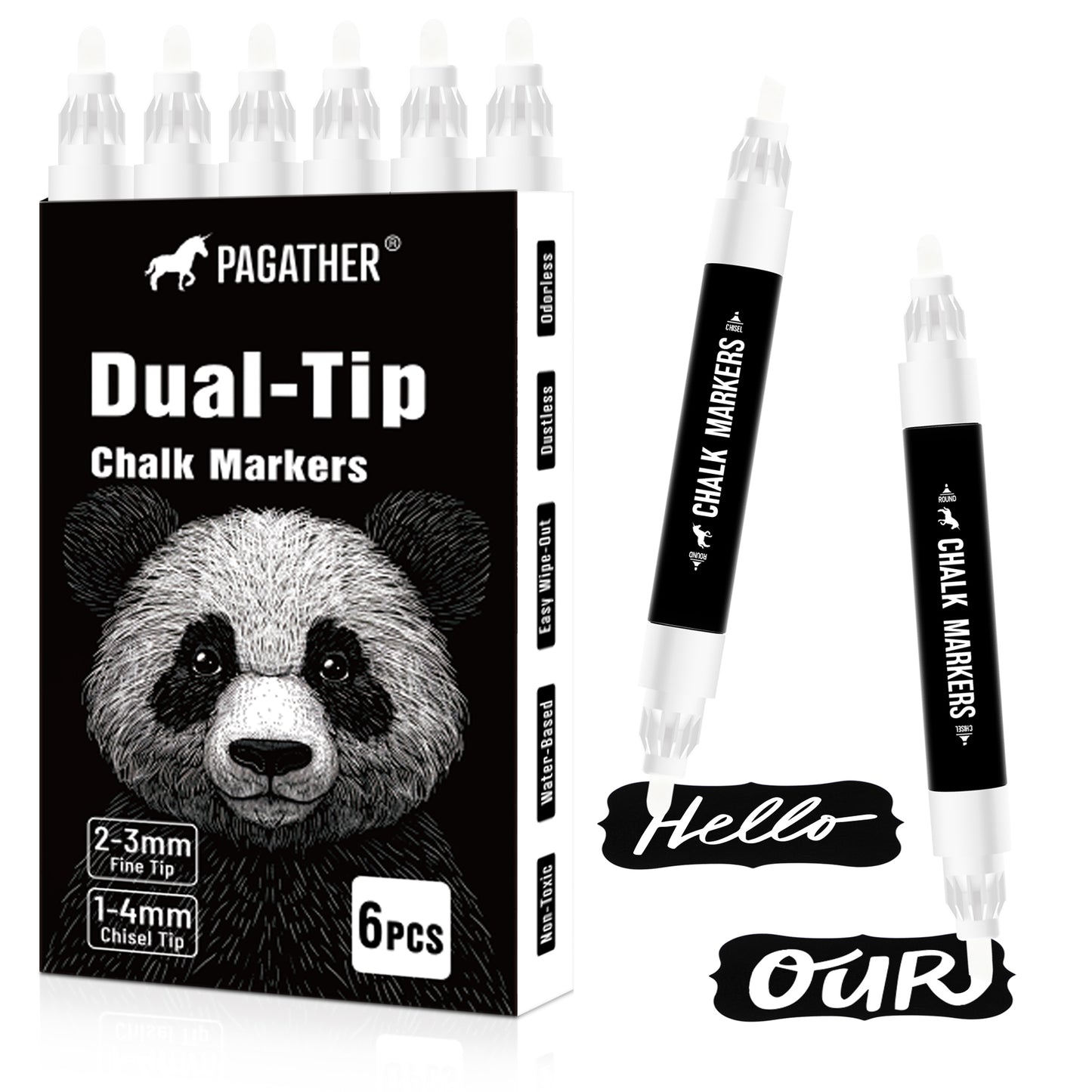 Liquid Dual Tip White Chalk Markers - 6 Pcs White Color Dry Erase Pens for Chalkboard, Plastic, Blackboard, Glass, Include Fine Tip and Chisel Tip with 8 Chalkboard Label Stickers