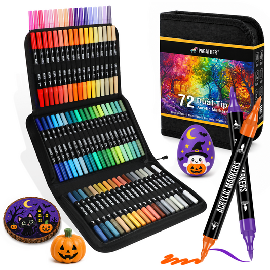 72 Colors Acrylic Paint Markers, Dual Tip with Fine Tip and Brush Tip Pens for Stone, Wood, Calligraphy, Canvas, Ceramic, Metal, Glass, Rock Painting