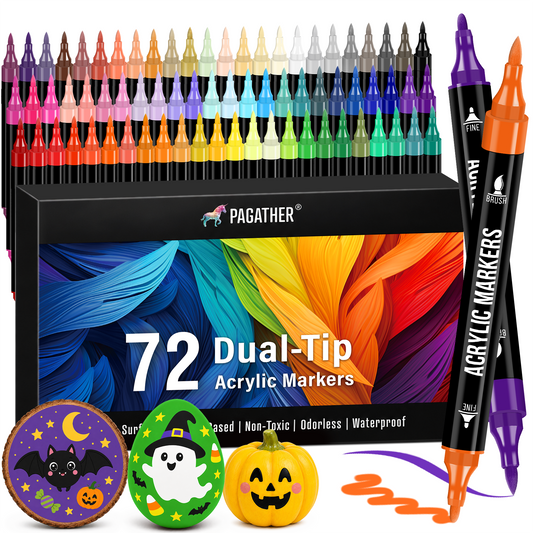 72 Colors Acrylic Paint Markers, Dual Tip with Fine Tip and Brush Tip Pens for Stone, Wood, Calligraphy, Canvas, Ceramic, Metal, Glass, Rock Painting, DIY Crafts