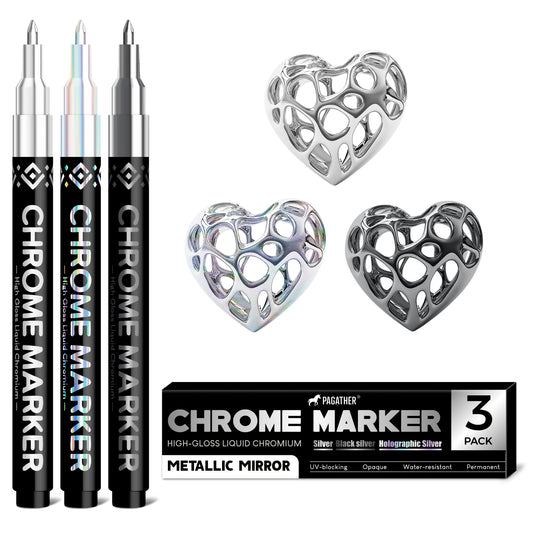 Pagather 3 Colors Chrome Paint Markers, Light, Black and Laser Silver Permanent Mirror Liquid Chrome Pens for Plastic, Metal, Model, Jewelry, Wheel Painting, Touch Up & Repair Kit, DIY Art Projects