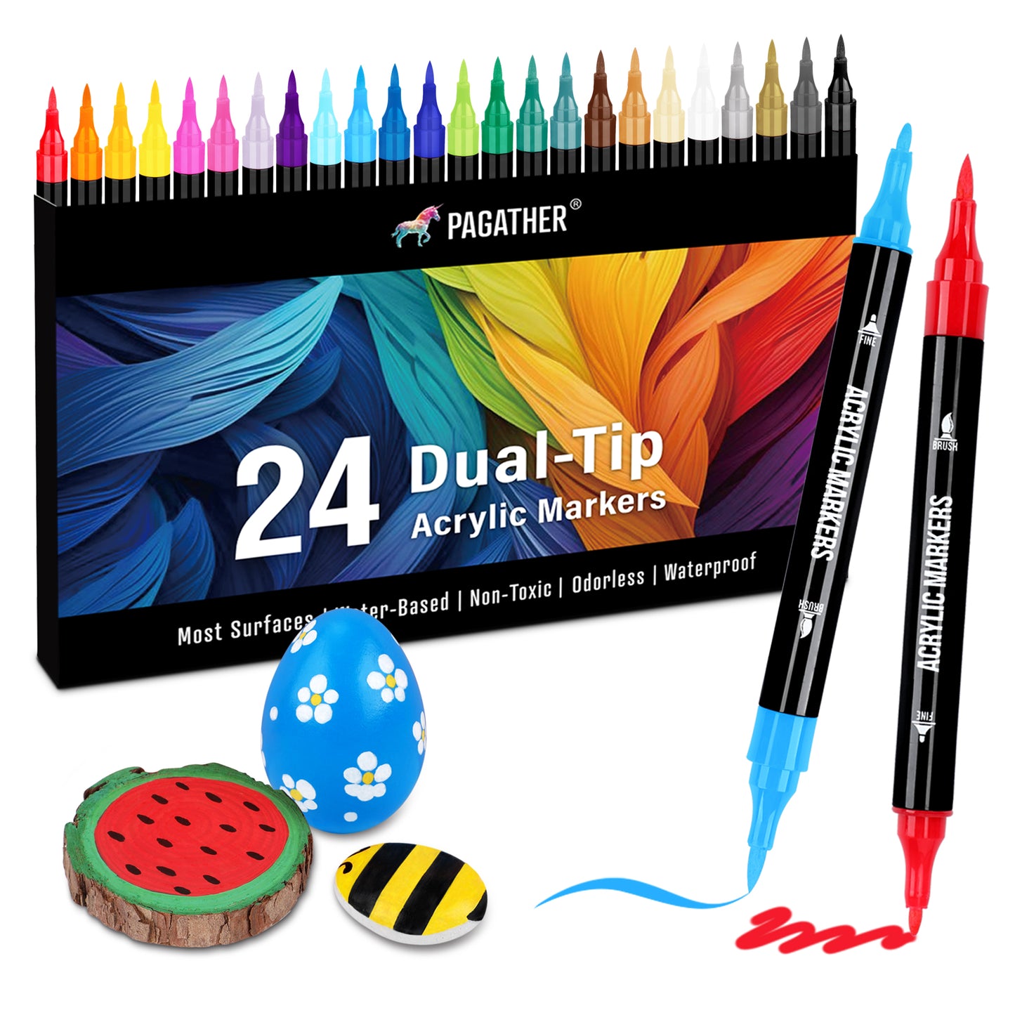 24 Colors Acrylic Paint Markers, Dual Tip with Fine Tip and Brush Tip Pens for Stone, Wood, Calligraphy, Canvas, Ceramic, Metal, Glass, Rock Painting, DIY Crafts